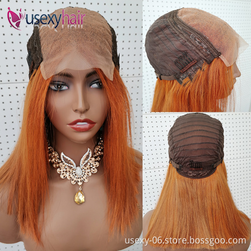 Wholesale prices custom logo 100 virgin human hair frontal wig ginger orange color bone straight super double drawn hair bob wig